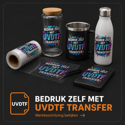 Werkbeschrijving voor UVDTF transfers met transparante transferfolie, glas, mok, drinkfles en andere harde ondergronden.