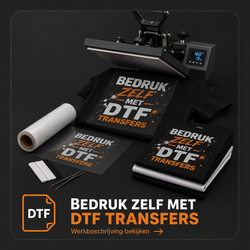 DTF transfers werkbeschrijving met hittepers, transparante transferfolie en bedrukte T-shirts. Stap voor stap uitleg voor het aanbrengen van DTF transfers.