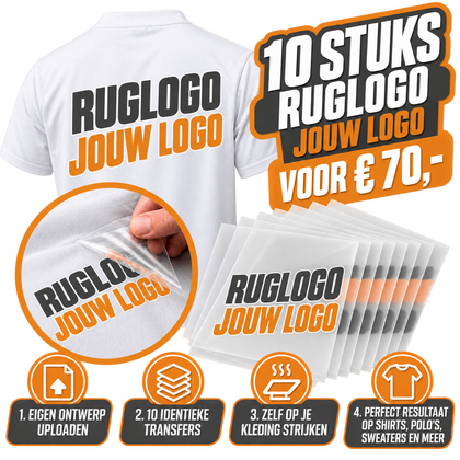 10 DTF Ruglogo Transfers Eigen Logo – 270 mm | Strijkletters.nl 10 stuks – 270 mm breed – Eigen ontwerp - afb. 1
