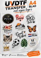 A4 vel met UVDTF logo om te plakken A4 vel met eigen plak logo's